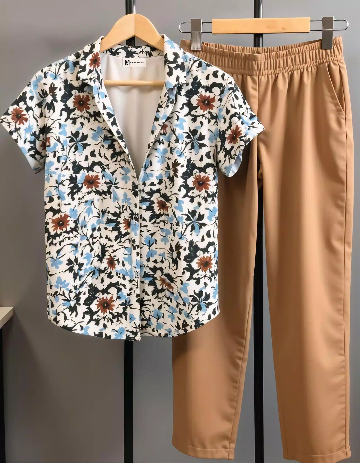 Brown Floral Design Mens Half Sleeves Cords Cotton Material