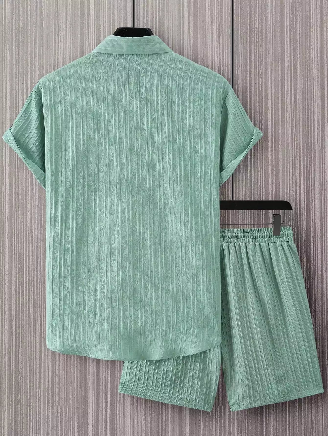 Green Solid Popcorn Design Mens Half Sleeves Cords Cotton Material