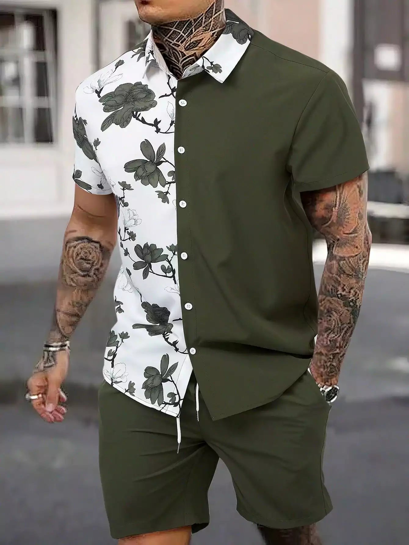 Green White Flower Design Mens Half Sleeves Cords Cotton Material