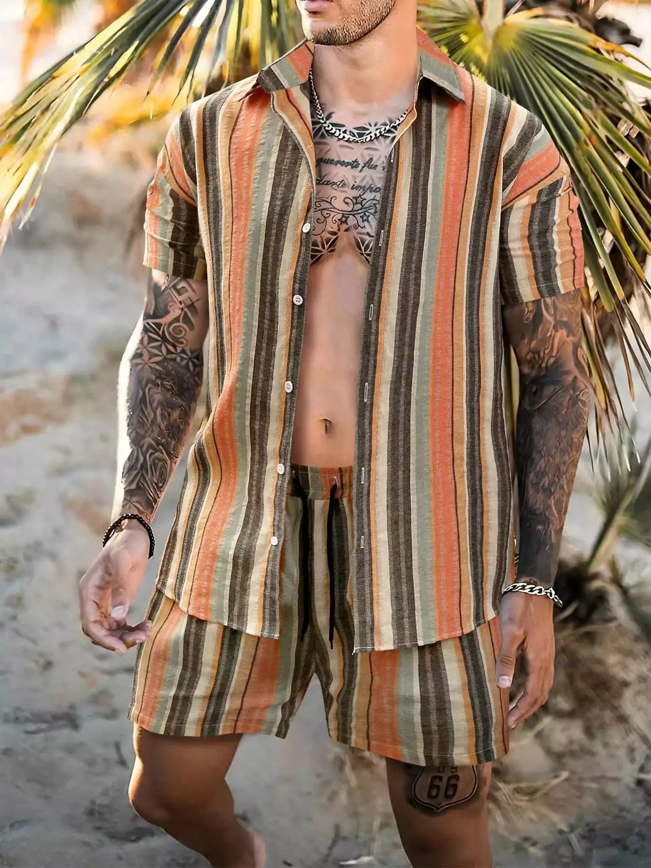 Mandala Stripes Design Mens Half Sleeves Cords Cotton Material