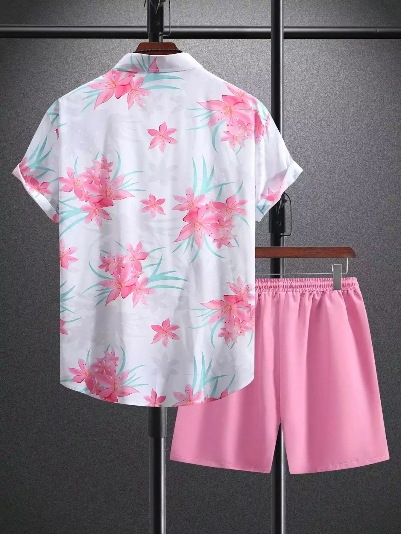 Pink Floral Design Mens Half Sleeves Cords Cotton Material