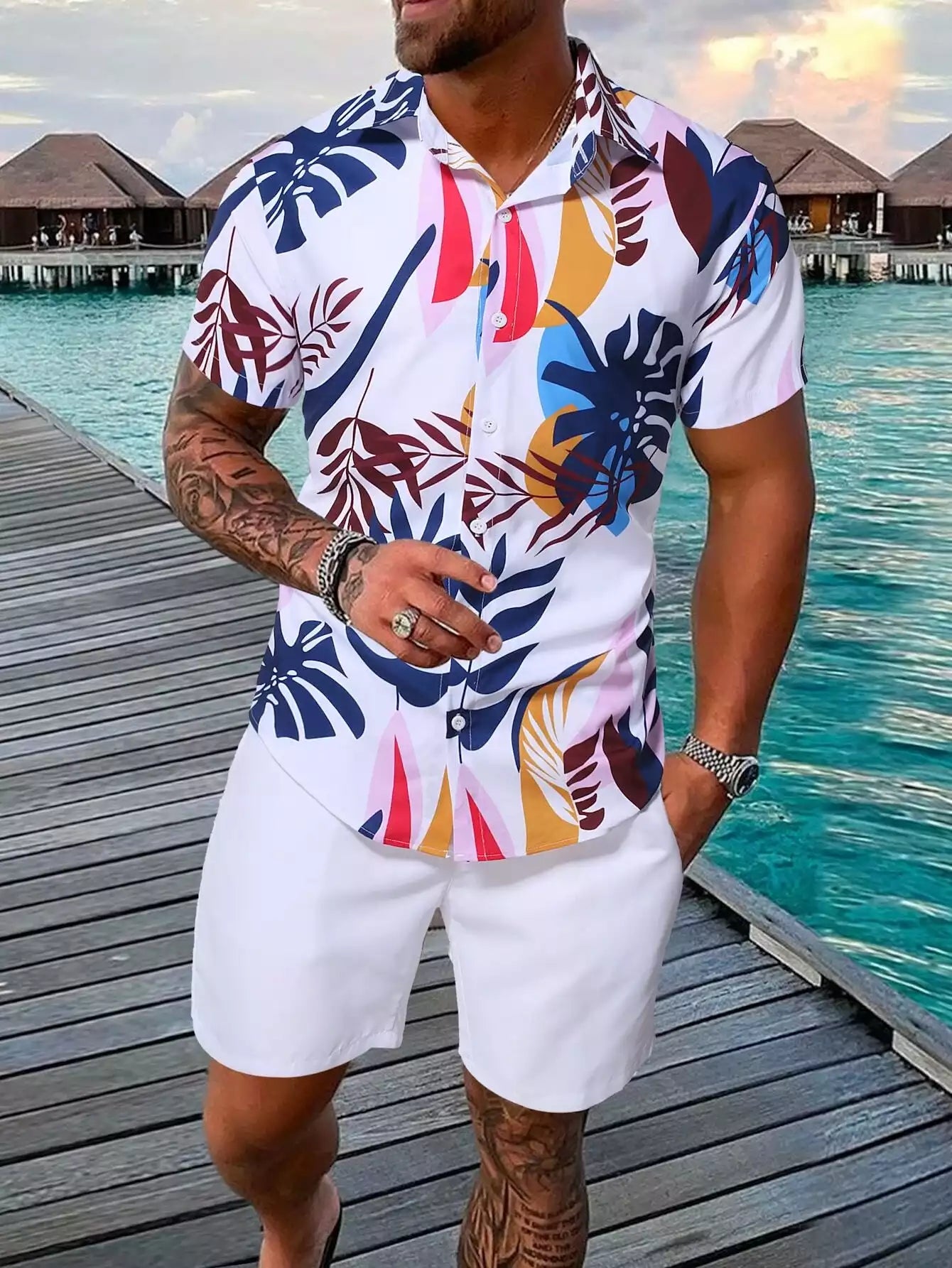 White Navy Blue Floral Design Mens Half Sleeves Cords Cotton Material