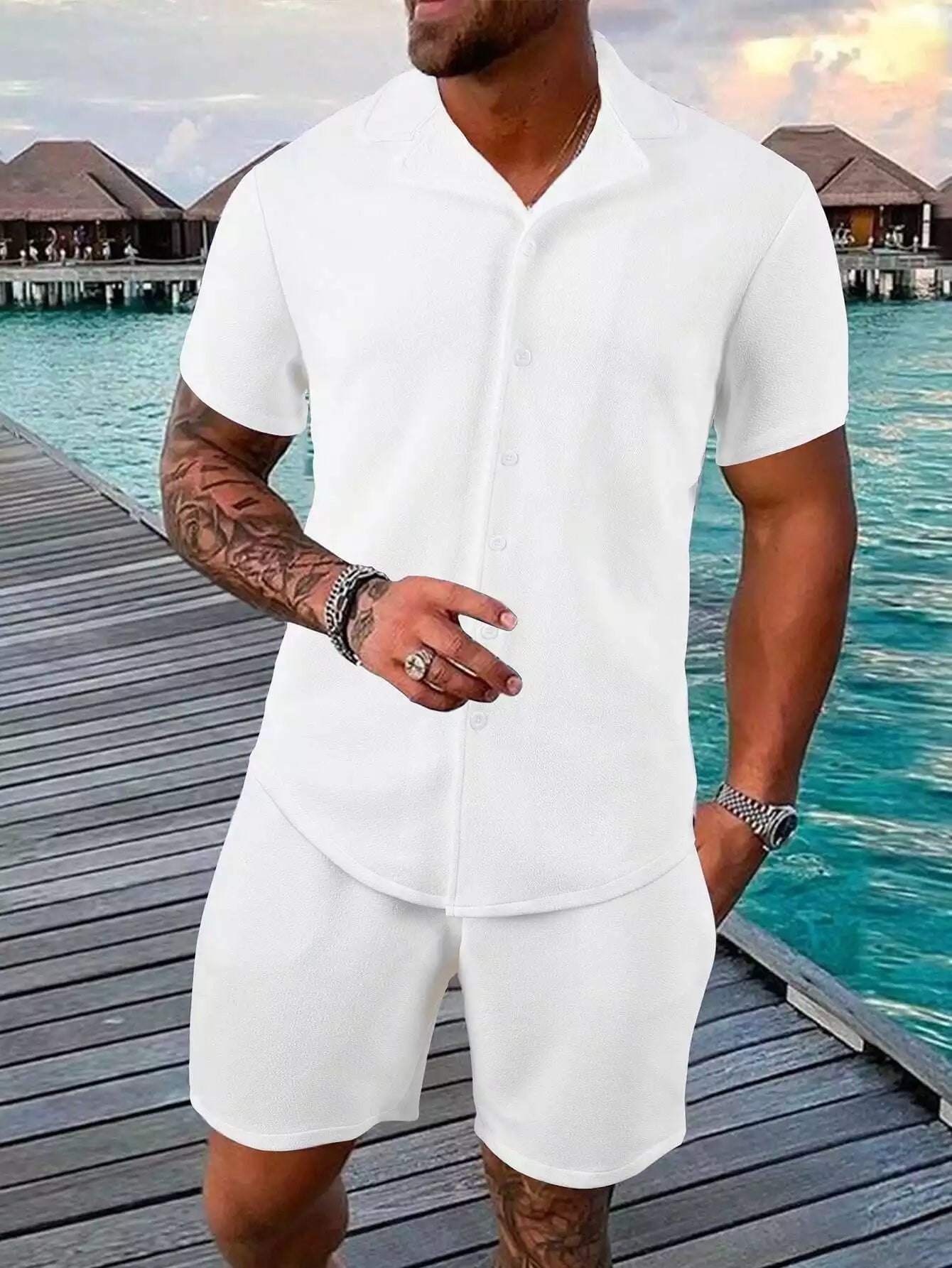 White Solid Design Mens Half Sleeves Cords Cotton Material