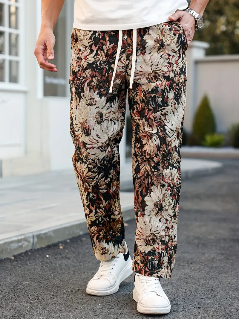 Brown Color Men’s Relaxed Fit Floral Print Casual Pants