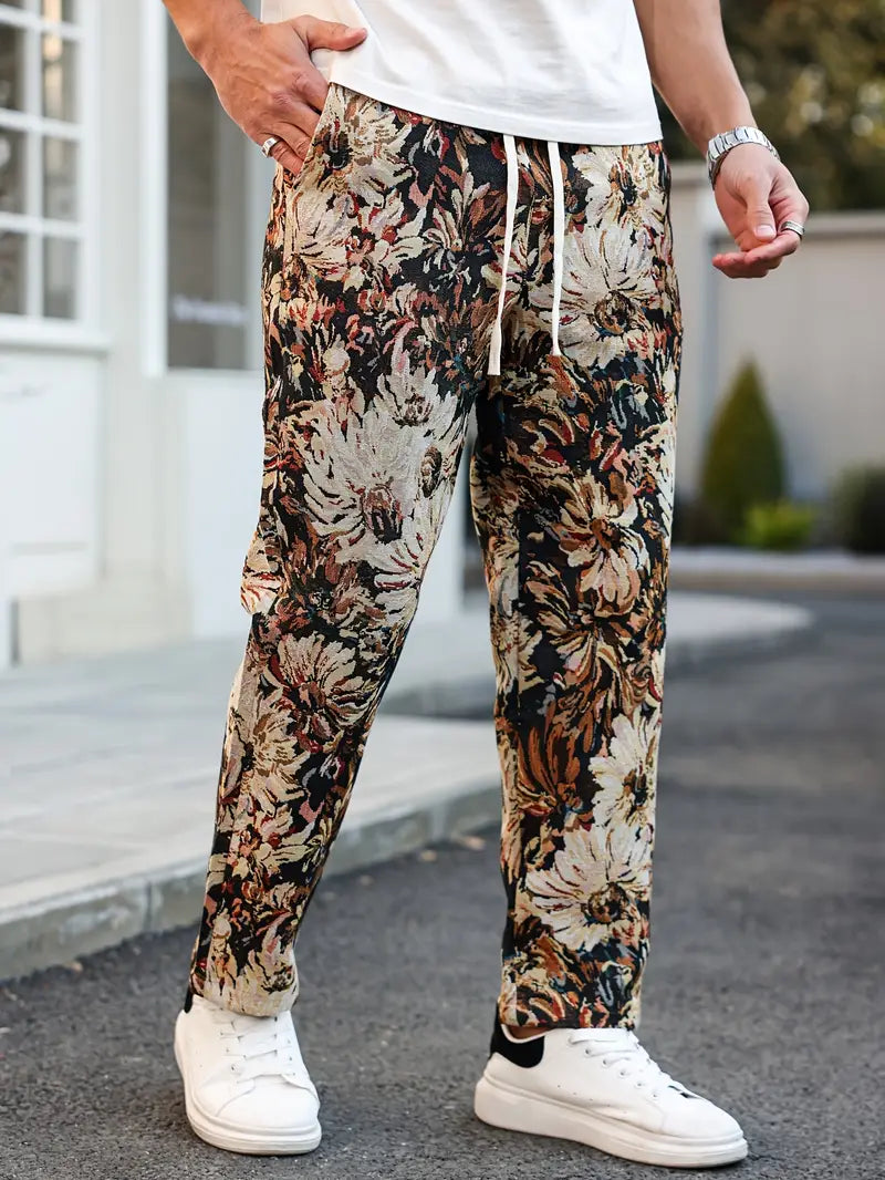 Brown Color Men’s Relaxed Fit Floral Print Casual Pants