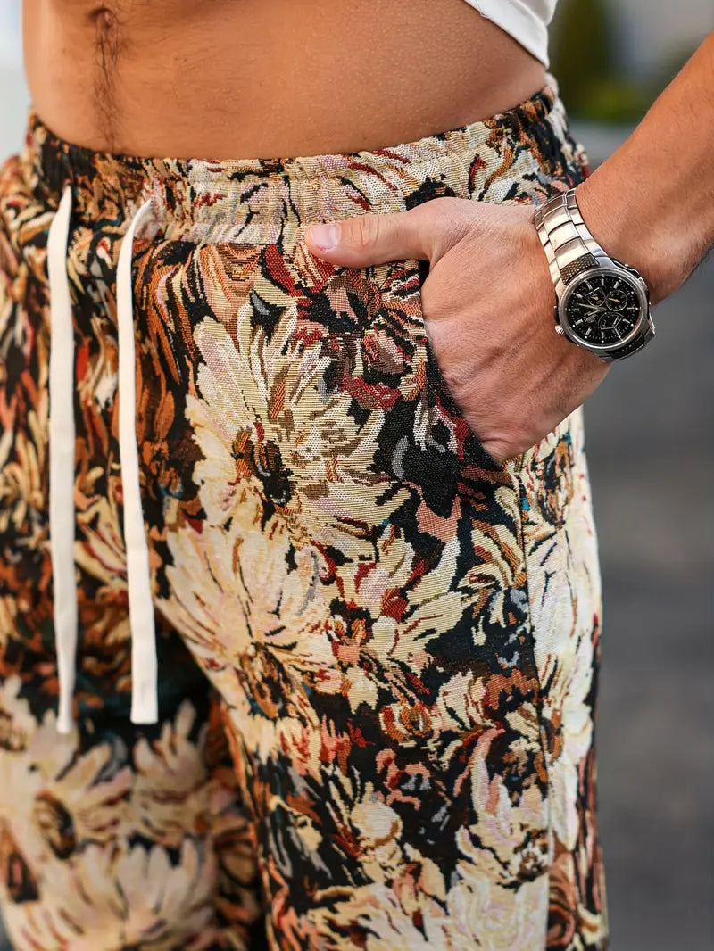 Brown Color Men’s Relaxed Fit Floral Print Casual Pants