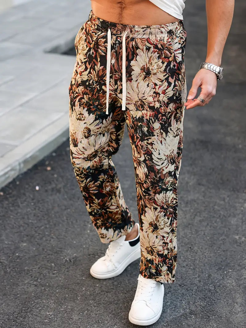Brown Color Men’s Relaxed Fit Floral Print Casual Pants