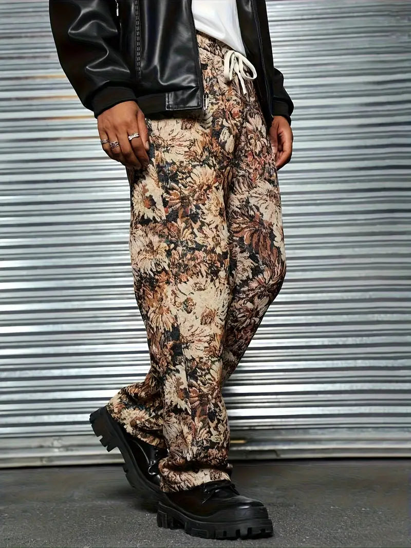 Brown Color Men’s Relaxed Fit Floral Print Casual Pants