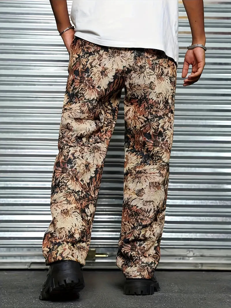 Brown Color Men’s Relaxed Fit Floral Print Casual Pants