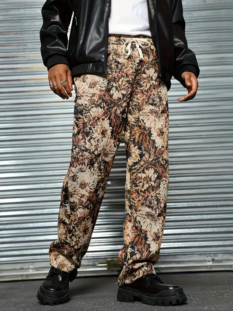 Brown Color Men’s Relaxed Fit Floral Print Casual Pants