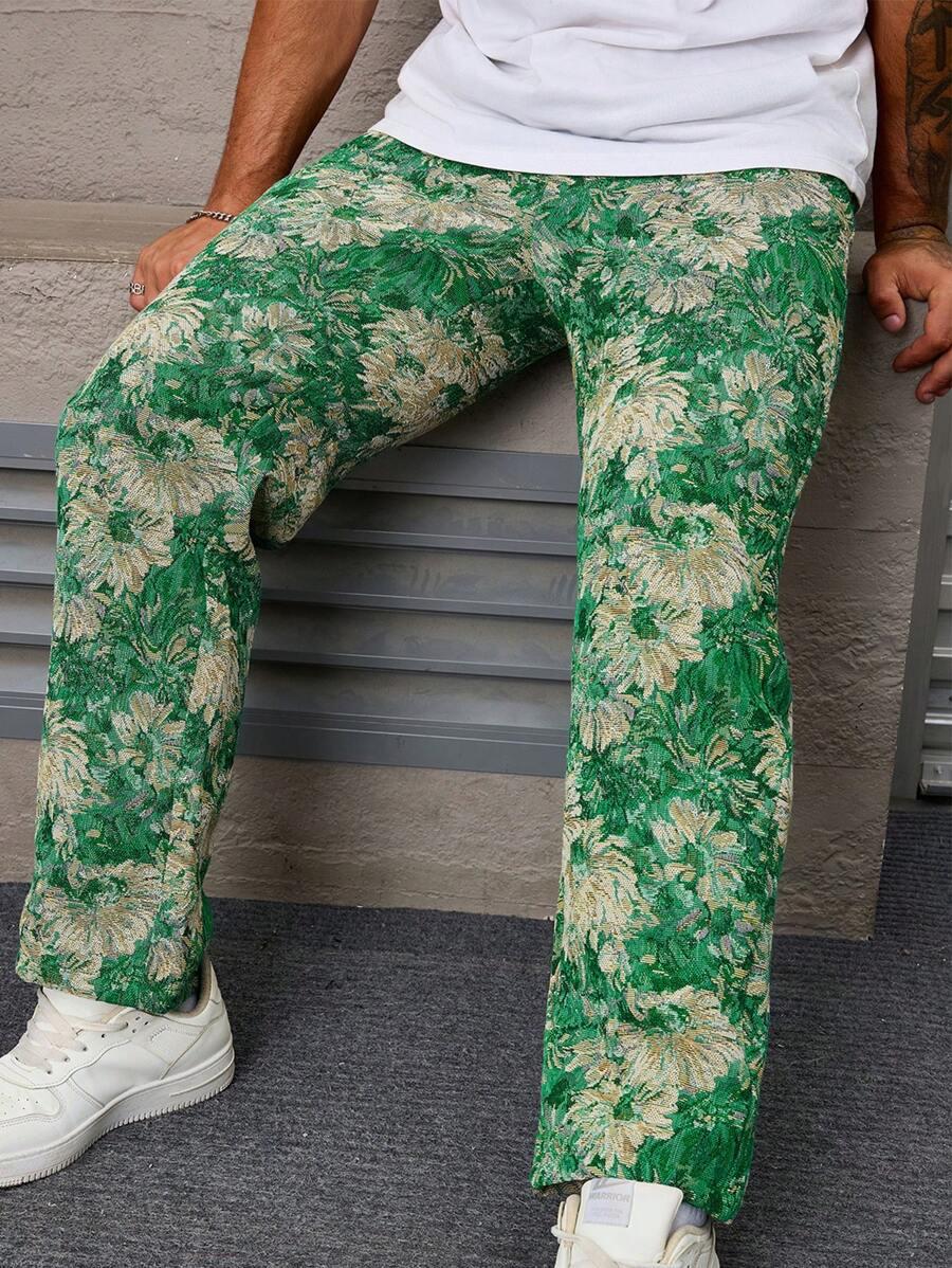 Dark Green Color Men’s Relaxed Fit Floral Print Casual Pants