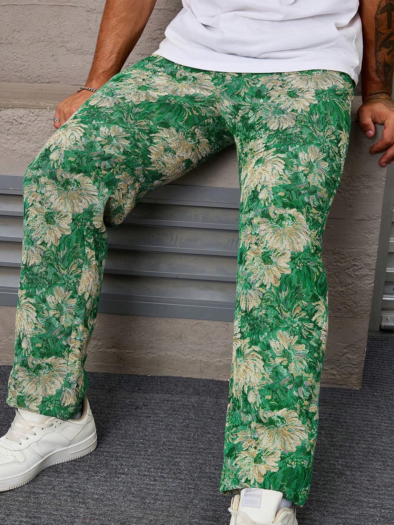 Dark Green Color Men’s Relaxed Fit Floral Print Casual Pants
