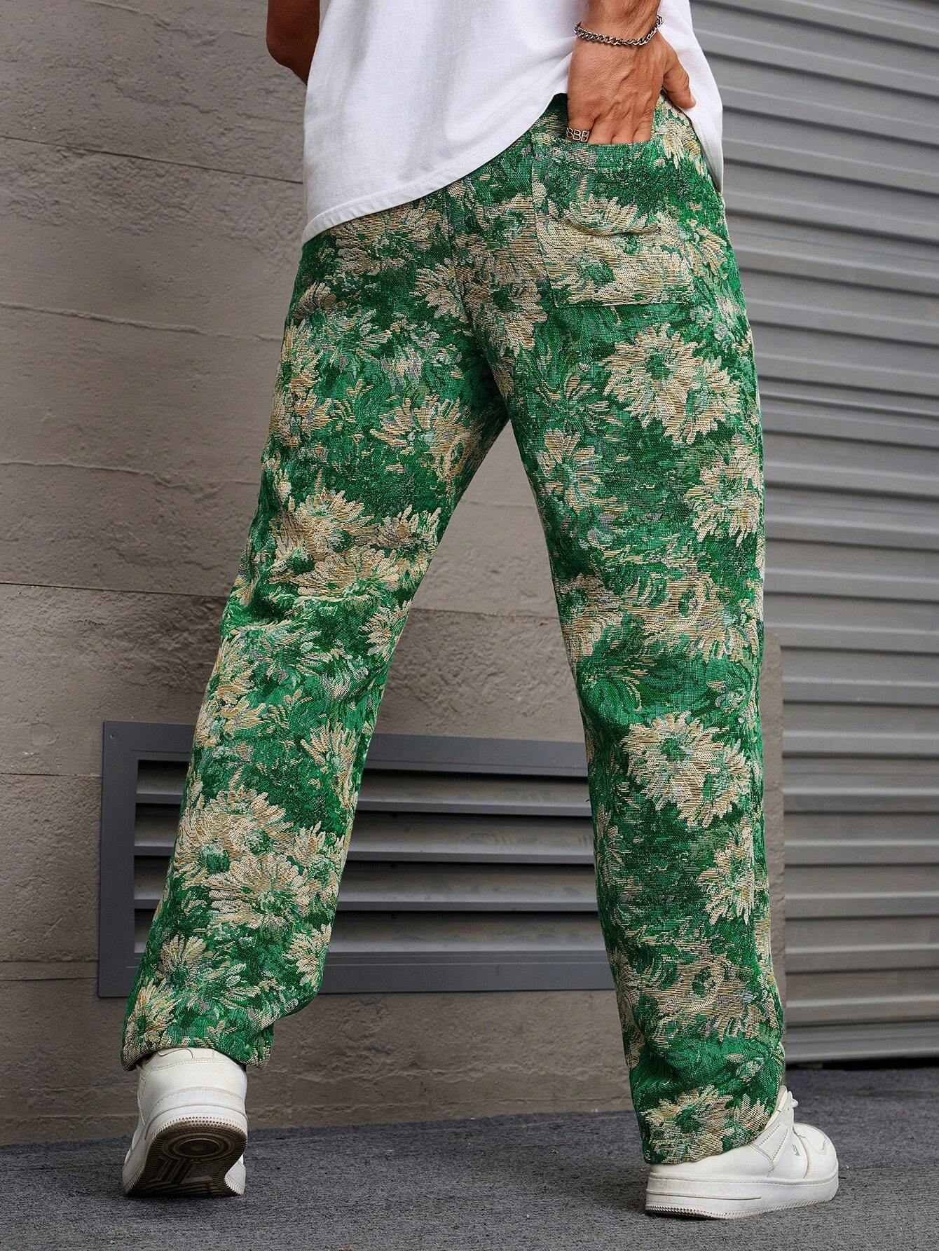 Dark Green Color Men’s Relaxed Fit Floral Print Casual Pants