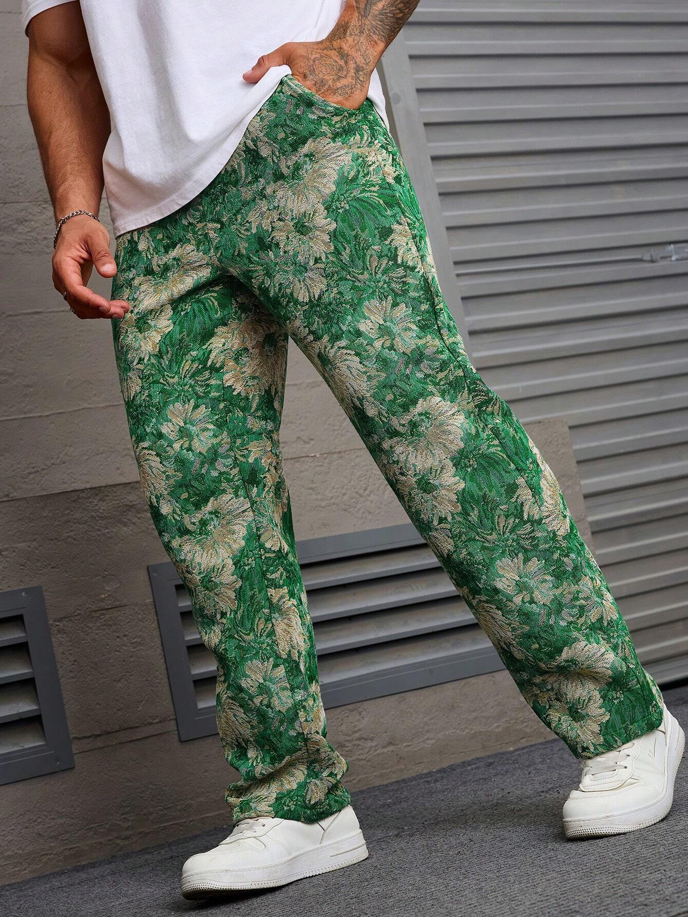 Dark Green Color Men’s Relaxed Fit Floral Print Casual Pants