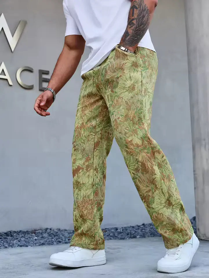 Green Color Men’s Relaxed Fit Floral Print Casual Pants