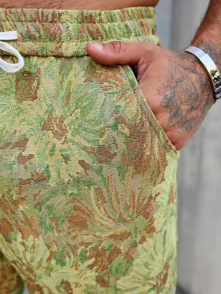 Green Color Men’s Relaxed Fit Floral Print Casual Pants