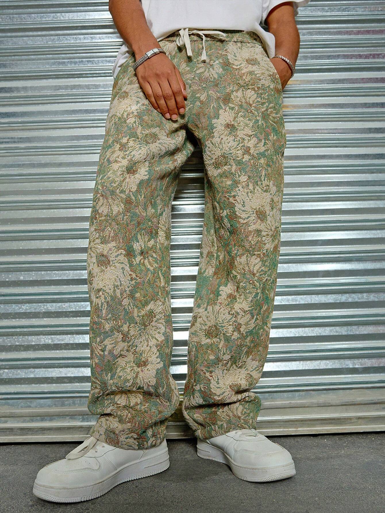 Leaf Green Color Men’s Relaxed Fit Floral Print Casual Pants