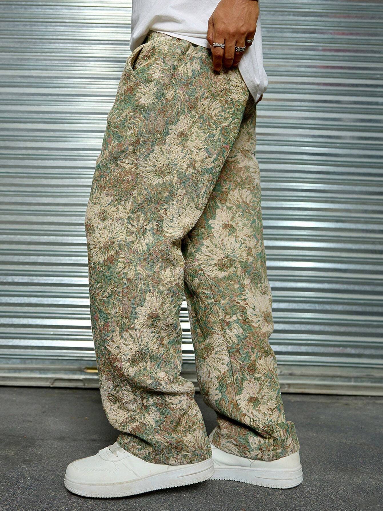 Leaf Green Color Men’s Relaxed Fit Floral Print Casual Pants