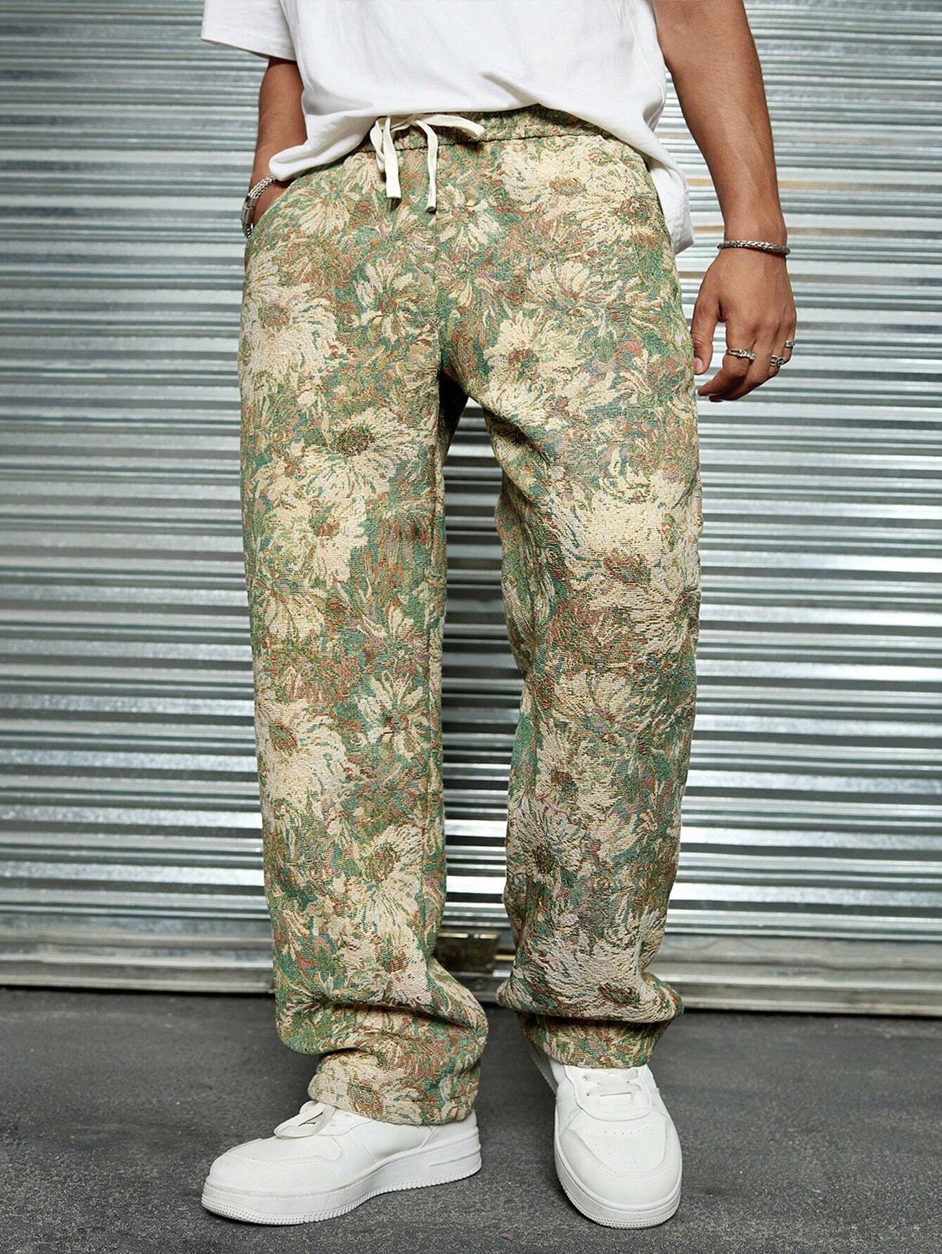 Leaf Green Color Men’s Relaxed Fit Floral Print Casual Pants