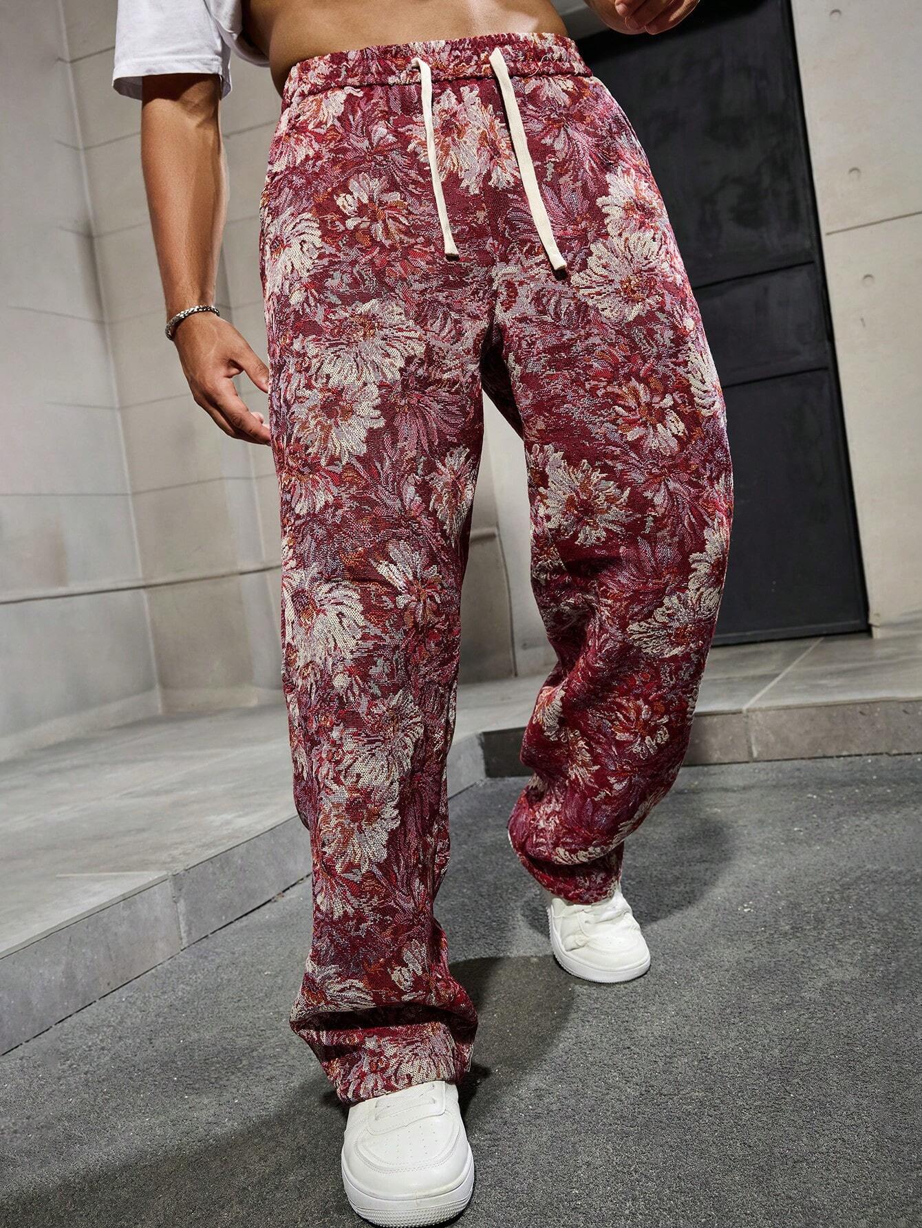 Maroon Color Men’s Relaxed Fit Floral Print Casual Pants