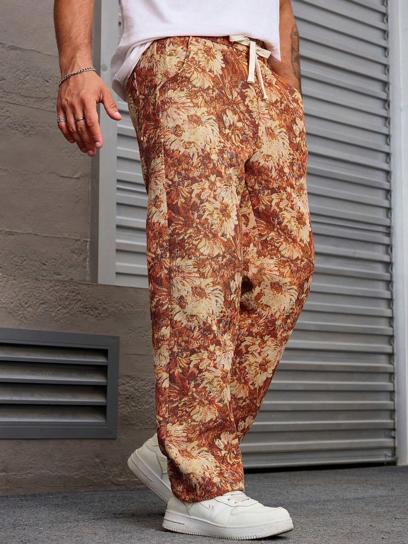 Orange Color Men’s Relaxed Fit Floral Print Casual Pants
