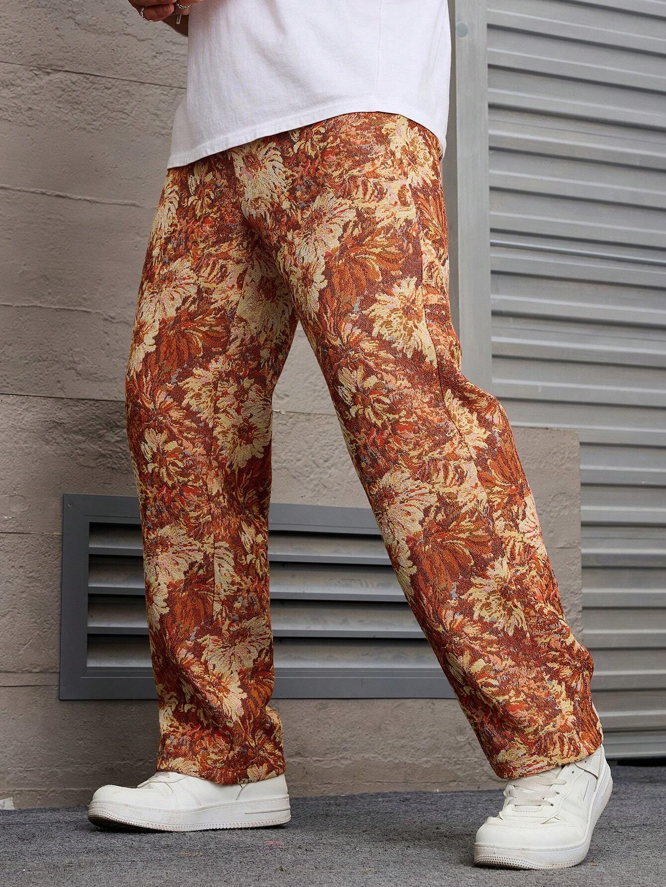 Orange Color Men’s Relaxed Fit Floral Print Casual Pants