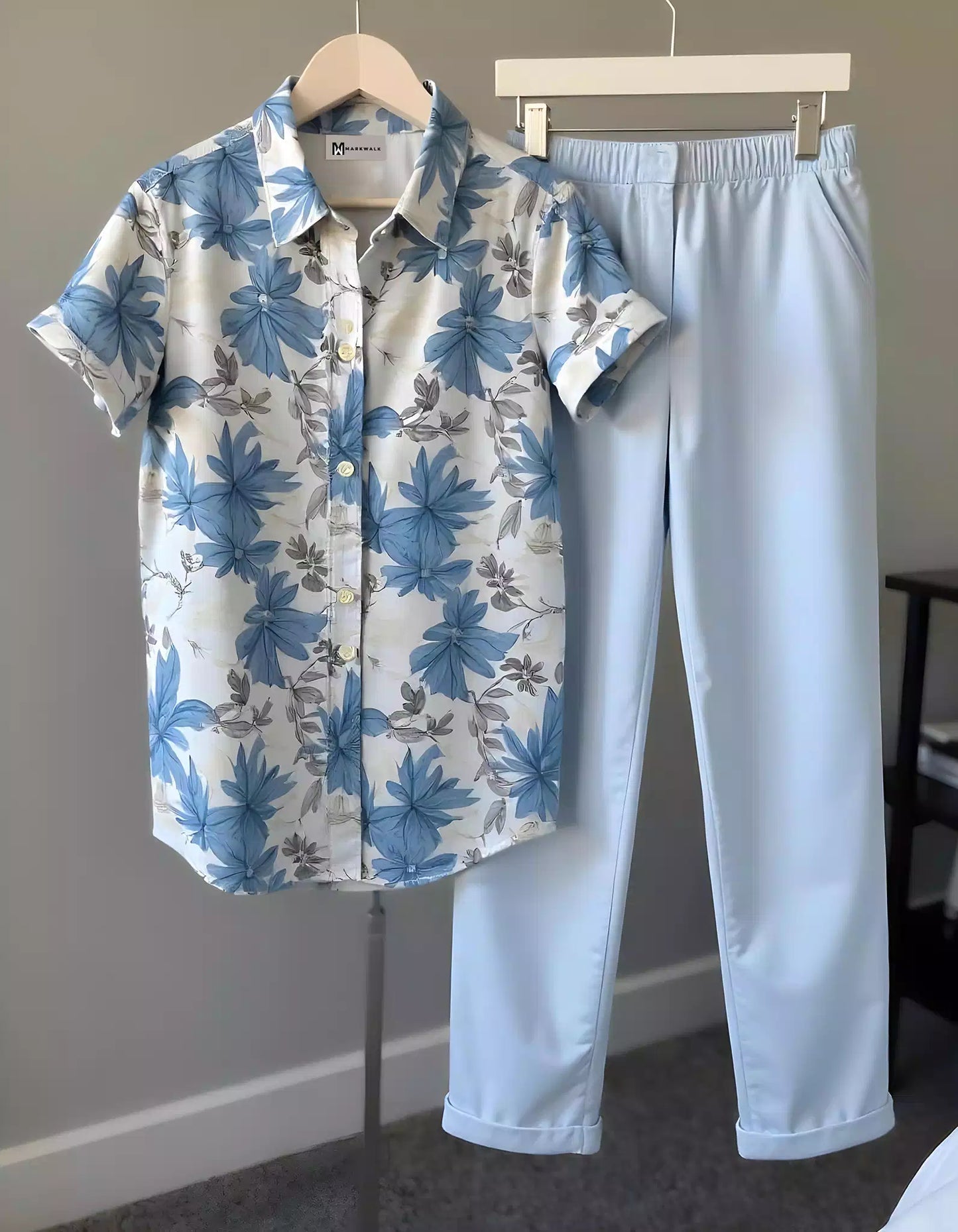 Blue Color Flower Design Mens Half Sleeves Cords Cotton Material