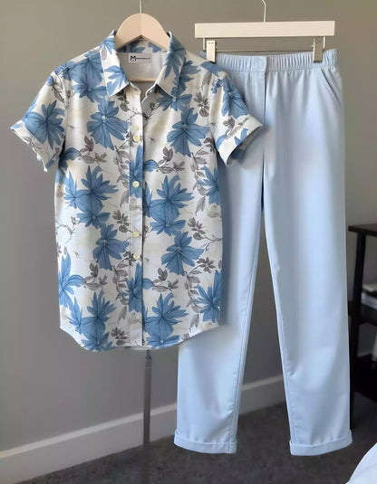 Blue Color Flower Design Mens Half Sleeves Cords Cotton Material