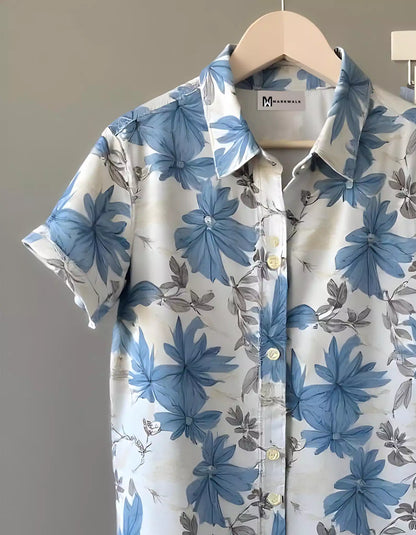 Blue Color Flower Design Mens Half Sleeves Cords Cotton Material