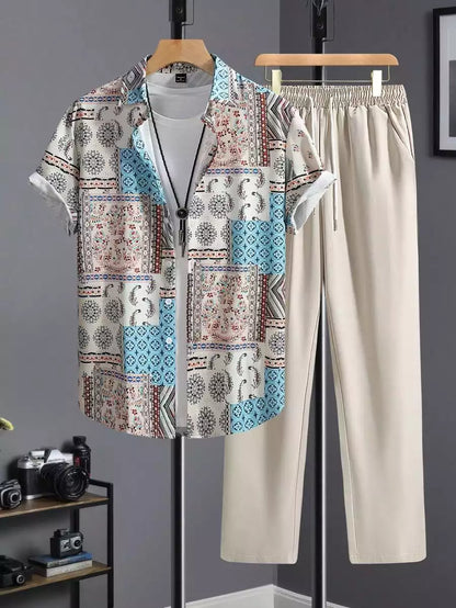CLASSY CREAM MANDALA  Mens Full Set Trouser and Shirt Half Sleeves