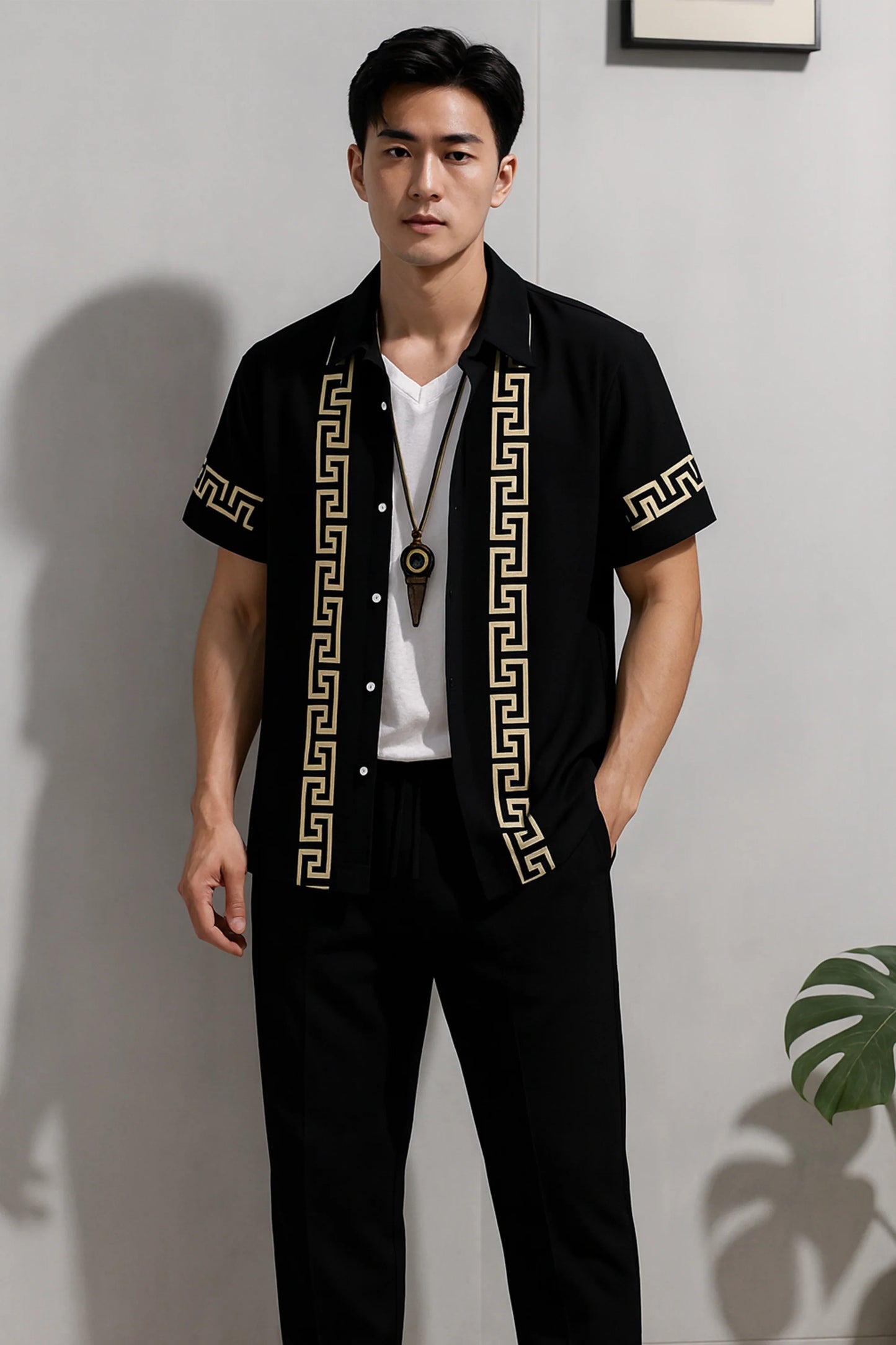 Black Border Men's Casual Half Sleeve Shirt and Full Pant Set