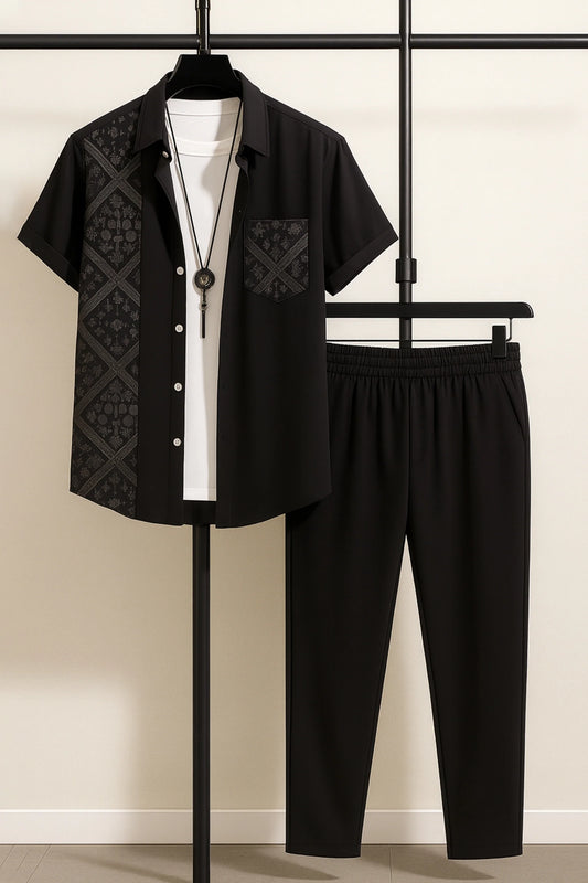 Black Design Men's Casual Half Sleeve Shirt and Full Pant Set