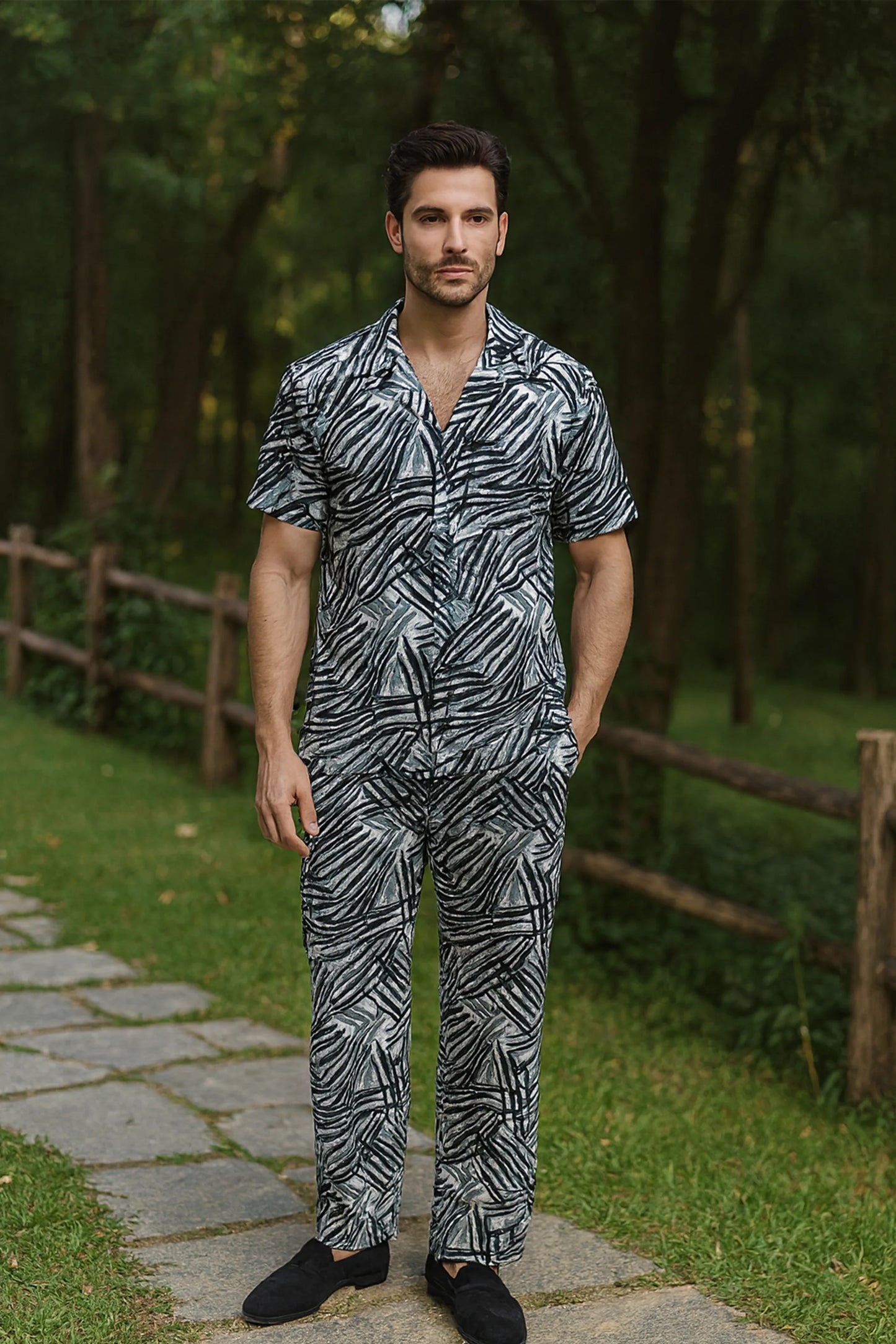 Black Scratch Men's Casual Half Sleeve Shirt and Full Pant Set