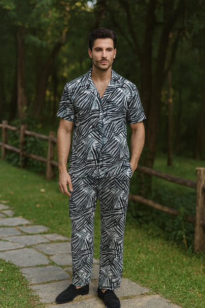 Black Scratch Men's Casual Half Sleeve Shirt and Full Pant Set