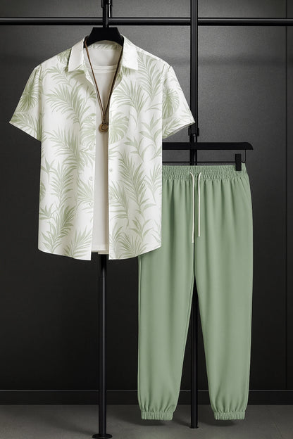 Leafy White Men's Casual Half Sleeve Shirt and Full Pant Set