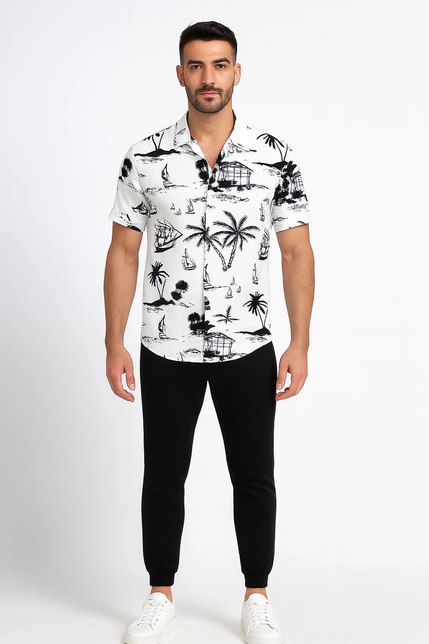 White Beach Men's Casual Half Sleeve Shirt and Full Pant Set