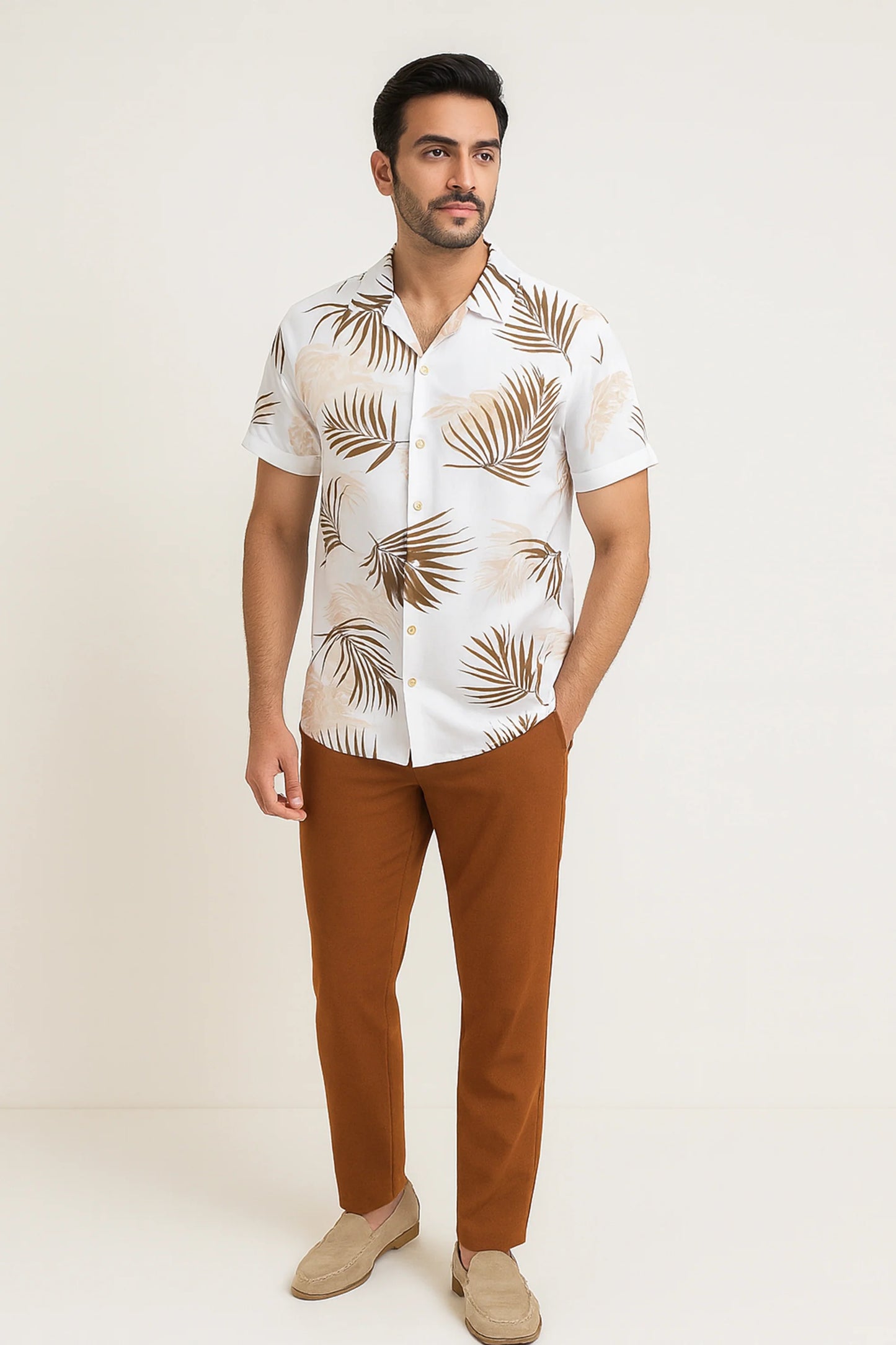 White Floral Men's Casual Half Sleeve Shirt and Full Pant Set