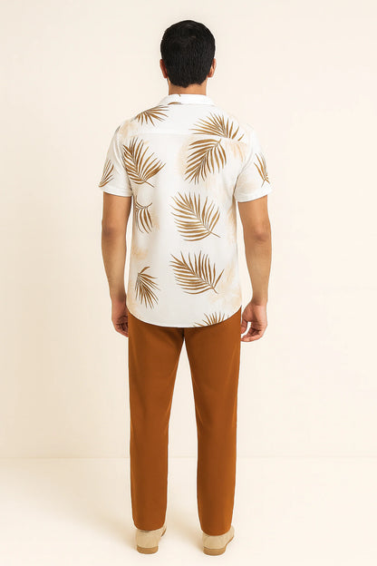 White Floral Men's Casual Half Sleeve Shirt and Full Pant Set