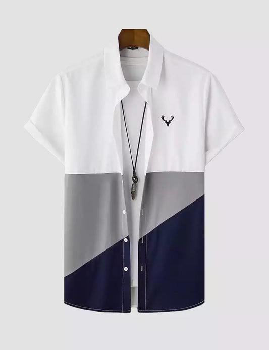 Blue patchwork on White Design Mens Half Sleeve Cotton Shirt