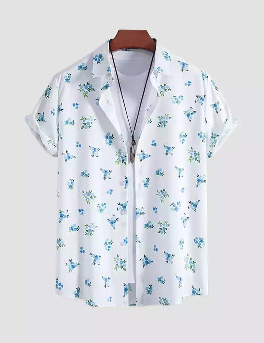 Flower on White Design Mens Half Sleeve Cotton Shirt