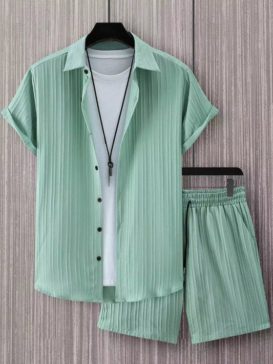 Green Solid Popcorn Design Mens Half Sleeves Cords Cotton Material