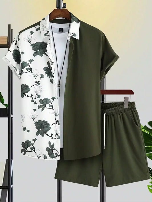 Green White Flower Design Mens Half Sleeves Cords Cotton Material