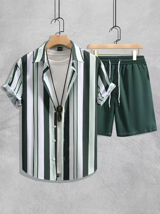 Green White Line Design Mens Half Sleeves Cords Cotton Material