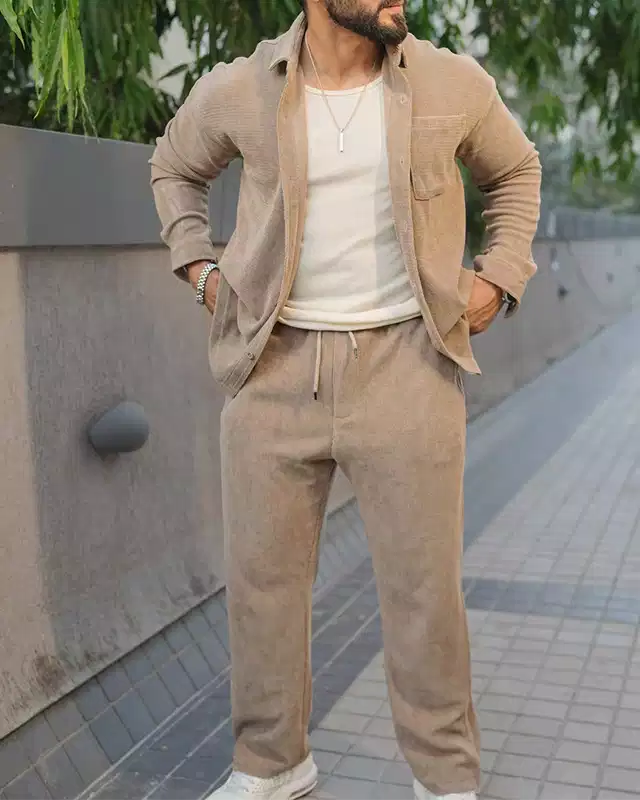 Khaki Color Luxury Korean Style Full Co-Ord Set Trouser and Shirt - XPCRDF