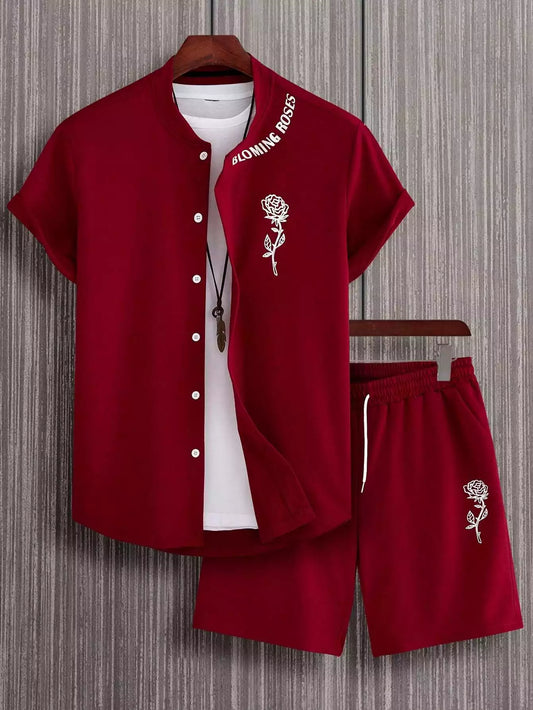 Red Rose Design Mens Half Sleeves Cords Cotton Material