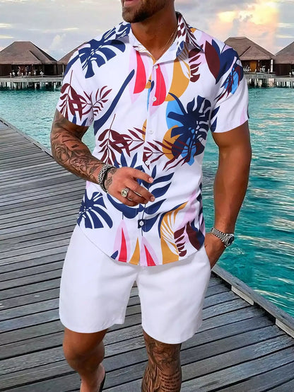 White Navy Blue Floral Design Mens Half Sleeves Cords Cotton Material