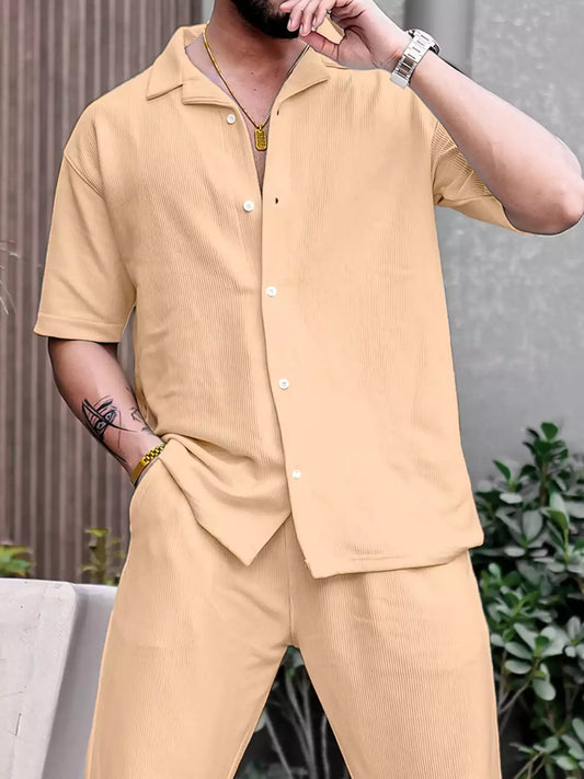 Cream Color Mens Full Set Trouser and Shirt Half Sleeves