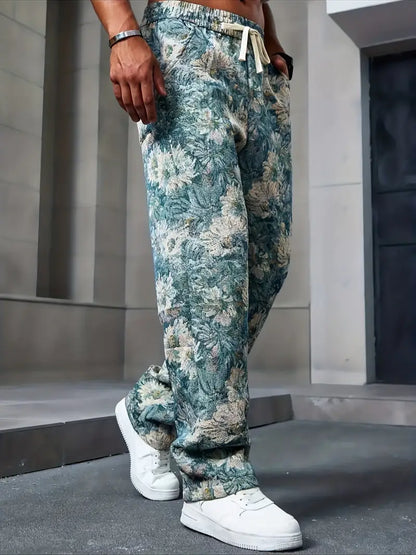 Blue Color Men’s Relaxed Fit Floral Print Casual Pants