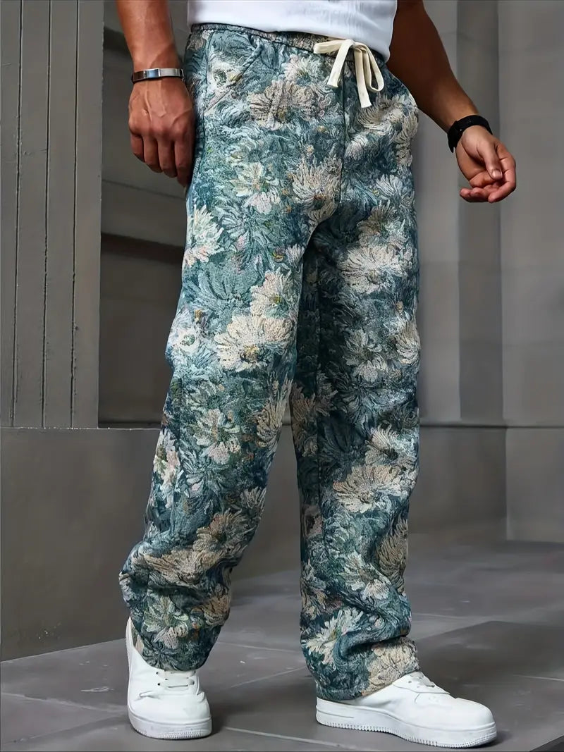 Blue Color Men’s Relaxed Fit Floral Print Casual Pants