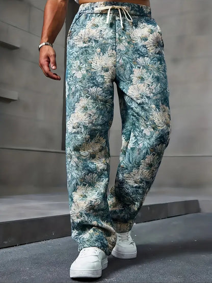 Blue Color Men’s Relaxed Fit Floral Print Casual Pants